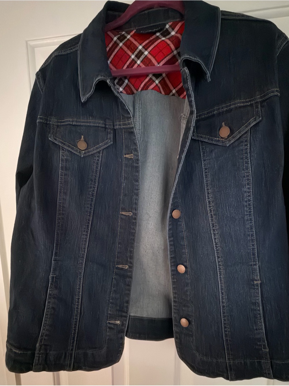 Lightly used Charter Club Dark Blue Denim Jacket with Red Plaid accents